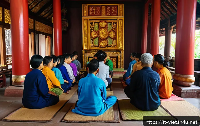 베트남에서 피해야 할 행동 - A respectful scene inside a Vietnamese temple showing a diverse group of visitors dressed modestly w...