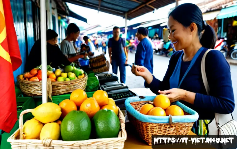 Home 17 베트남에서 저렴한 쇼핑 팁 - Photorealistic travel shopping scene in a lively Vietnamese local market, an Italian tourist compari...