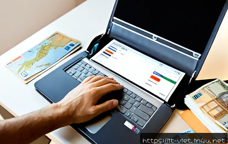 베트남 호치민 가는 비행기 티켓 - Photorealistic Italian traveler comparing flight options on a laptop at a bright home desk, passport...