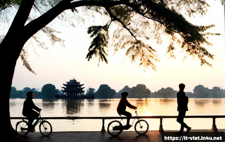 베트남 하노이 서호 - Photorealistic panoramic view of Hanoi West Lake at sunrise, calm water reflecting a soft peach and ...